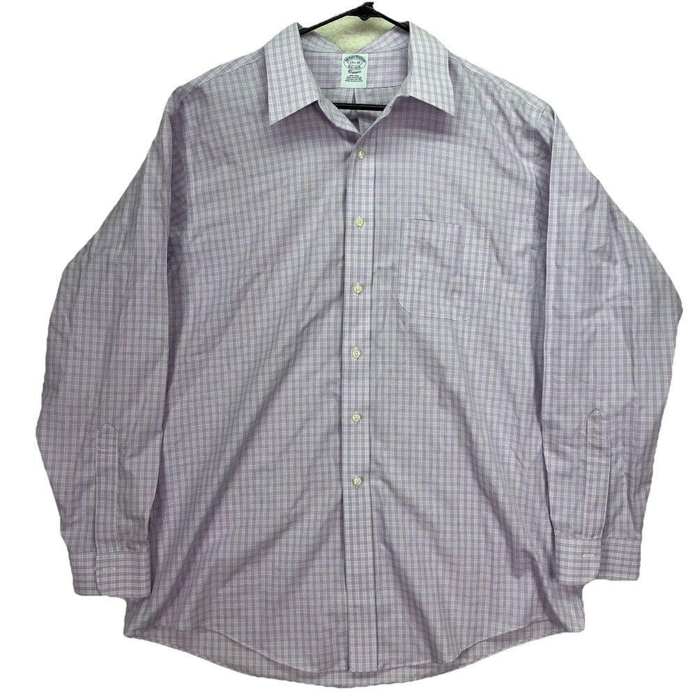 Brooks Brothers Non-Iron Men Shirt Lilac Checked Plaid Button Down 17.5 - 35